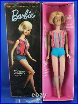 1965 Vintage Barbie AMERICAN GIRL #1070 Blonde swimsuit & shoes withhomemade box