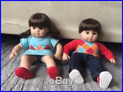 AMERICAN GIRL BOY BITTY BABY TWINS BRUNETTE ARGYLE With CARRIER RETIRED EUC