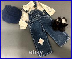 American Girl 18 Doll Kit Kittredge Hobo Outfit Denim Overalls Shirt Cap Boots