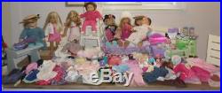 American Girl 8 Dolls Bitty Baby BED Dress Shoes Caddy Food Accessories Huge LOT