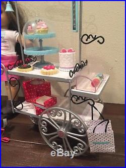 American Girl Doll Grace's Bakery HUGE lot Bistro Pastry Cart + Dog + Clothes