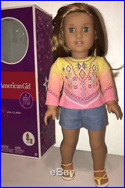 American Girl Doll Lea Clark + 3 Outfits + Camera+ Sloth+ Book+Magazine LOT
