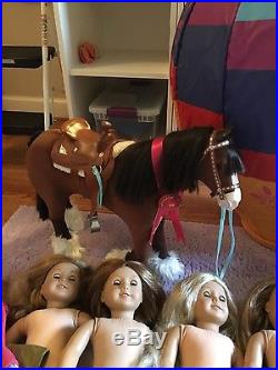 American Girl Doll Lot 6 dolls (Emily, Caroline, Sage, Isabelle)+horse and balloon