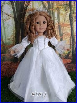 American Girl Doll OOAK Princess Crown Brown Curly Hair White Gown Brown Eyes