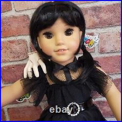 American Girl Doll OOAK Wednesday Addams Black Raven Dress Boots Thing Refubed