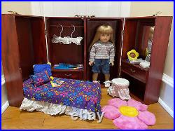 American Girl Doll and Wooden Carry Case that doubles as a bedroom playset