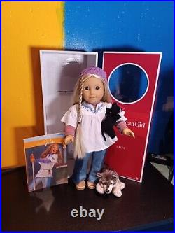 American Girl Julie 18 blonde Doll with Book about 1970s, Puppy & Kitten EUC