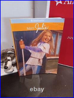 American Girl Julie 18 blonde Doll with Book about 1970s, Puppy & Kitten EUC