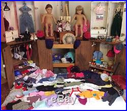 HUGE Lot of 2 American Girl Dolls + Cases Coconut Minis AND 250+ Clothing Items