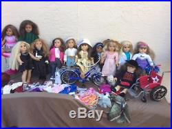 Lot Of 12 American Girl Dolls + Wheelchair Bicycle Salon Chair Dogs & Clothing