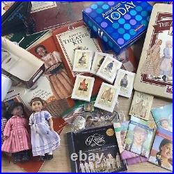 Lot of Mini American Girl Dolls, Books, pins, hangers, pets, chair, tent, Cd, Cards