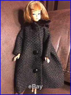Vintage Barbie Doll American Girl Long Hair Medium Color Black Wool Fur Coat